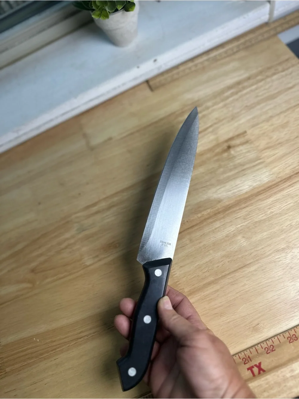 12.5” Stainless Chef Knife with Black Triple-Rivet Handle blade all thru wood